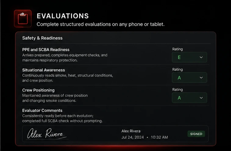 Rescue Hub evaluation with per-skill rating dropdowns, evaluator comments, and a signed, timestamped sign-off
