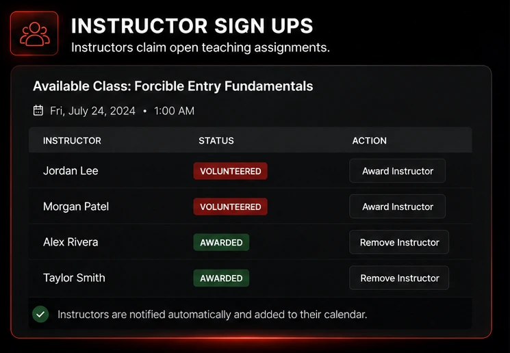 Rescue Hub “Instructor Sign Ups” view: instructors listed as Volunteered or Awarded for an available class, with award and remove controls