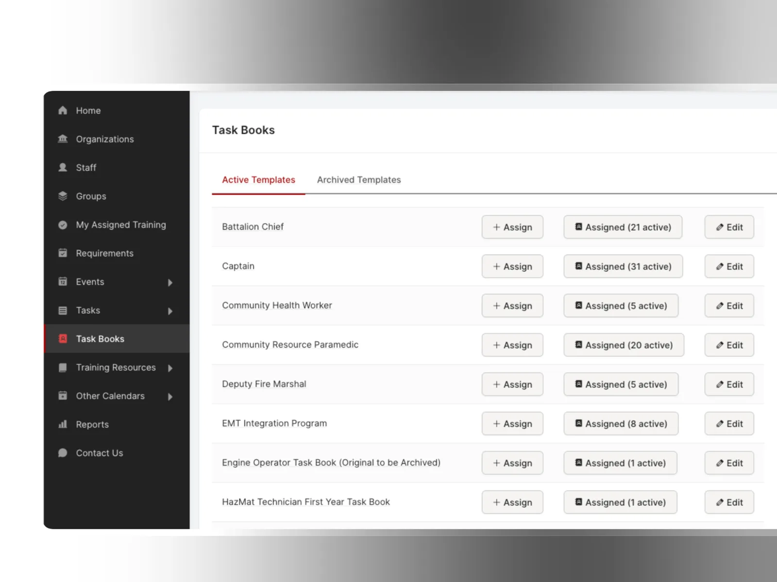 Rescue Hub Task Books template list showing role-based templates like Battalion Chief and Captain with assign and edit actions