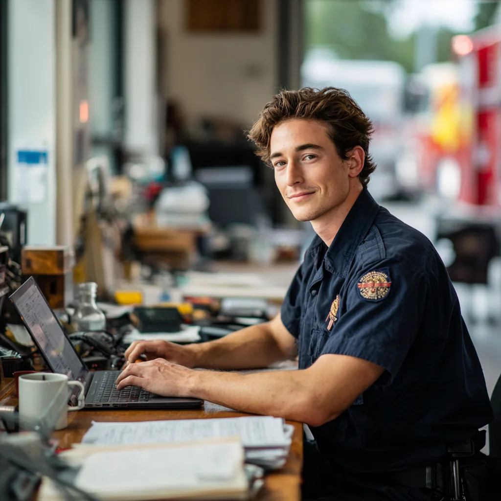 Firefighter in uniform working on a laptop at a fire station desk, a fire engine visible in the background