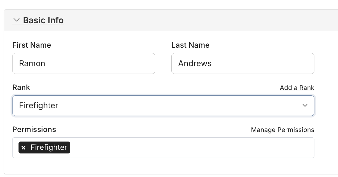 Rescue Hub staff basic info form with a Rank dropdown set to Firefighter and matching permission level