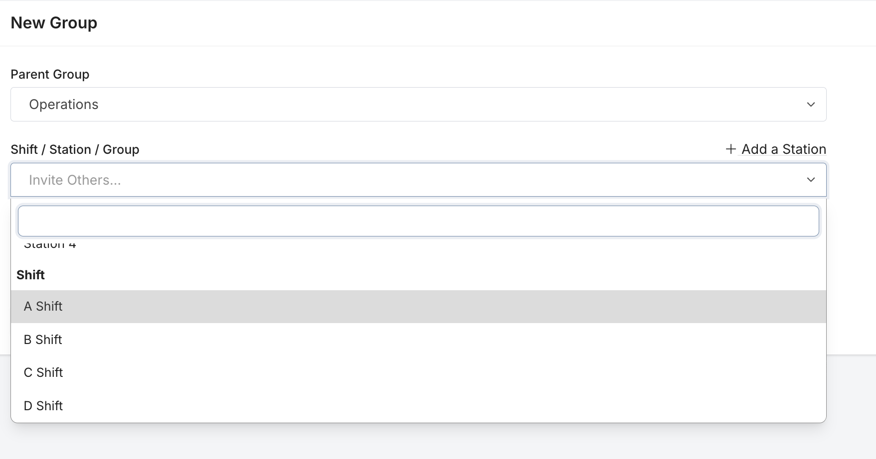 Rescue Hub new group form with a Shift / Station / Group dropdown open, showing A, B, C, and D Shift options to link the group to