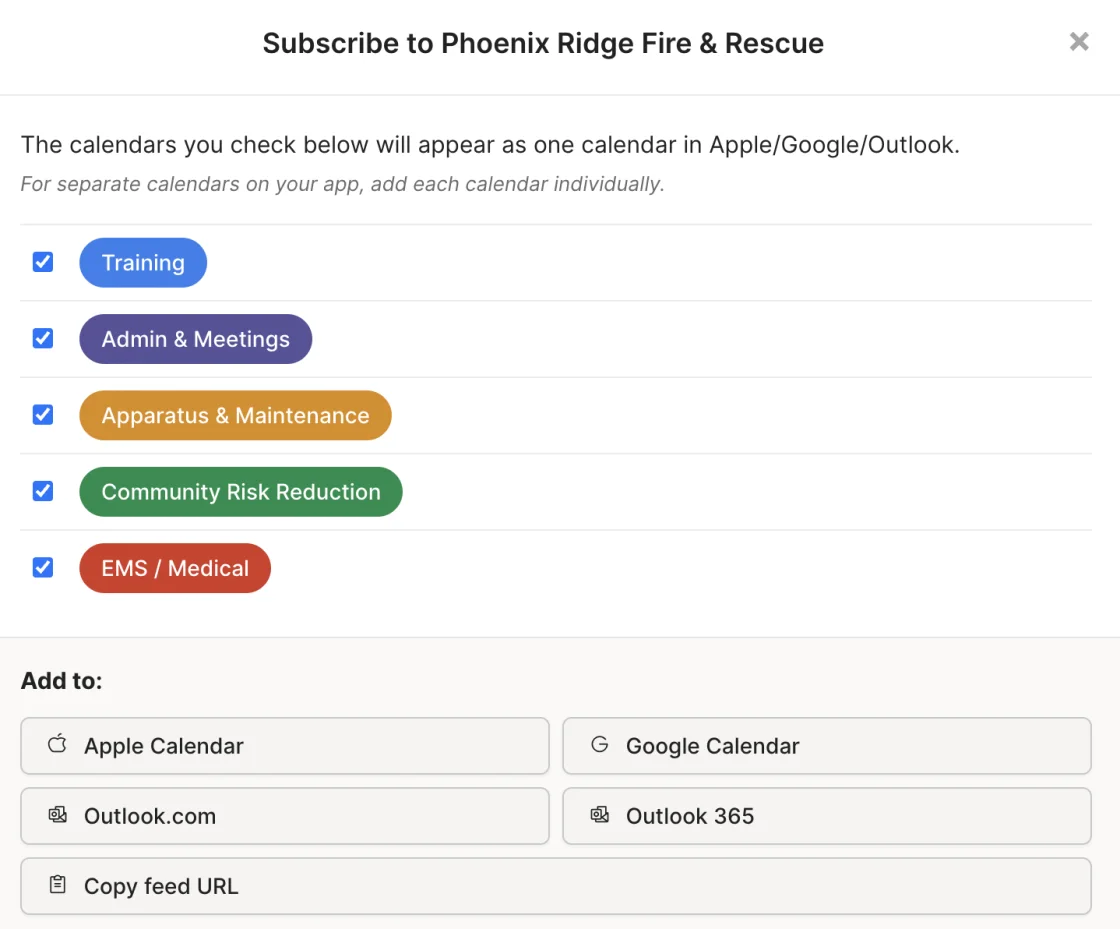 Rescue Hub calendar subscription modal exporting selected calendars to Apple, Google, and Outlook via iCalendar