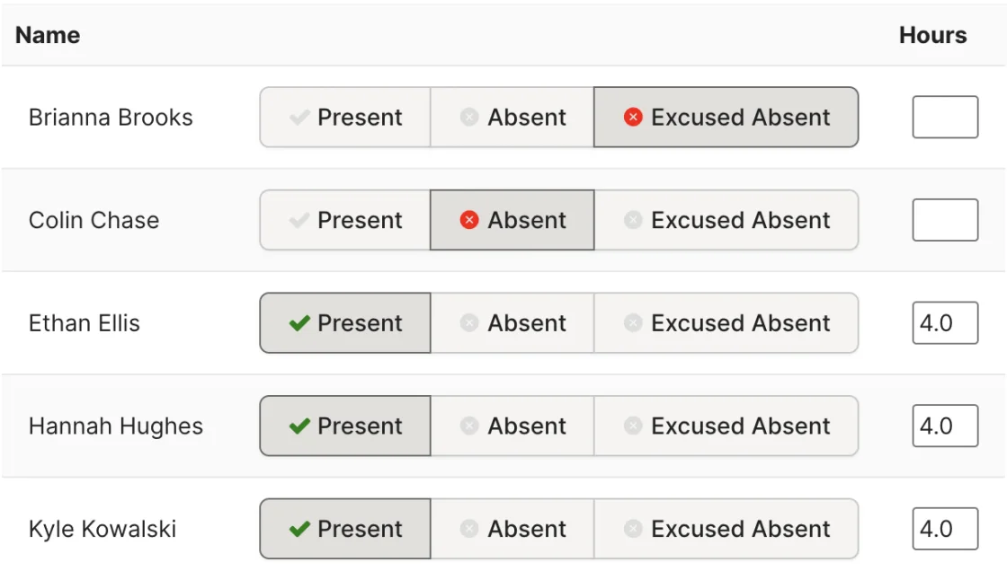 Rescue Hub attendance roster tagging each member Present, Absent, or Excused Absent with hours