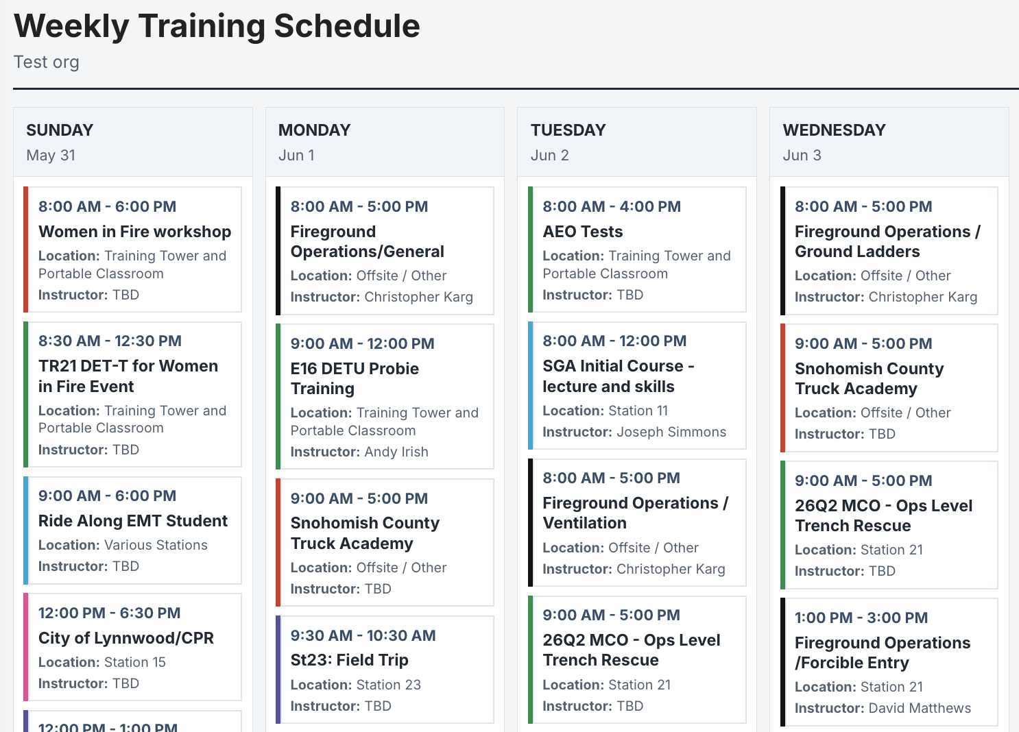 Rescue Hub weekly training schedule showing color-coded events across each day of the week