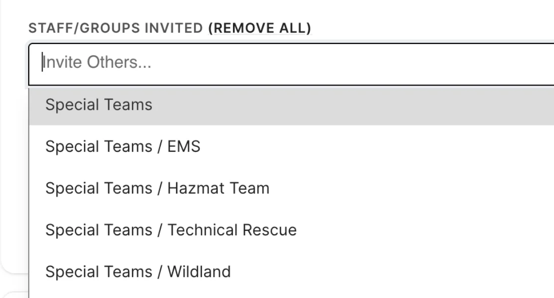 Rescue Hub event invite picker selecting whole groups like Special Teams and its sub-groups