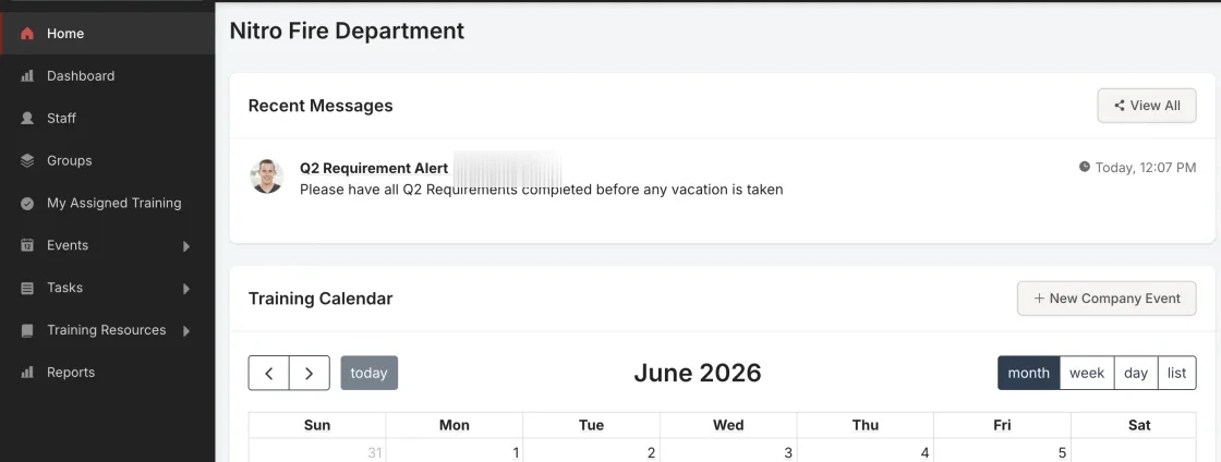 Rescue Hub home screen showing a recent announcement and the department training calendar