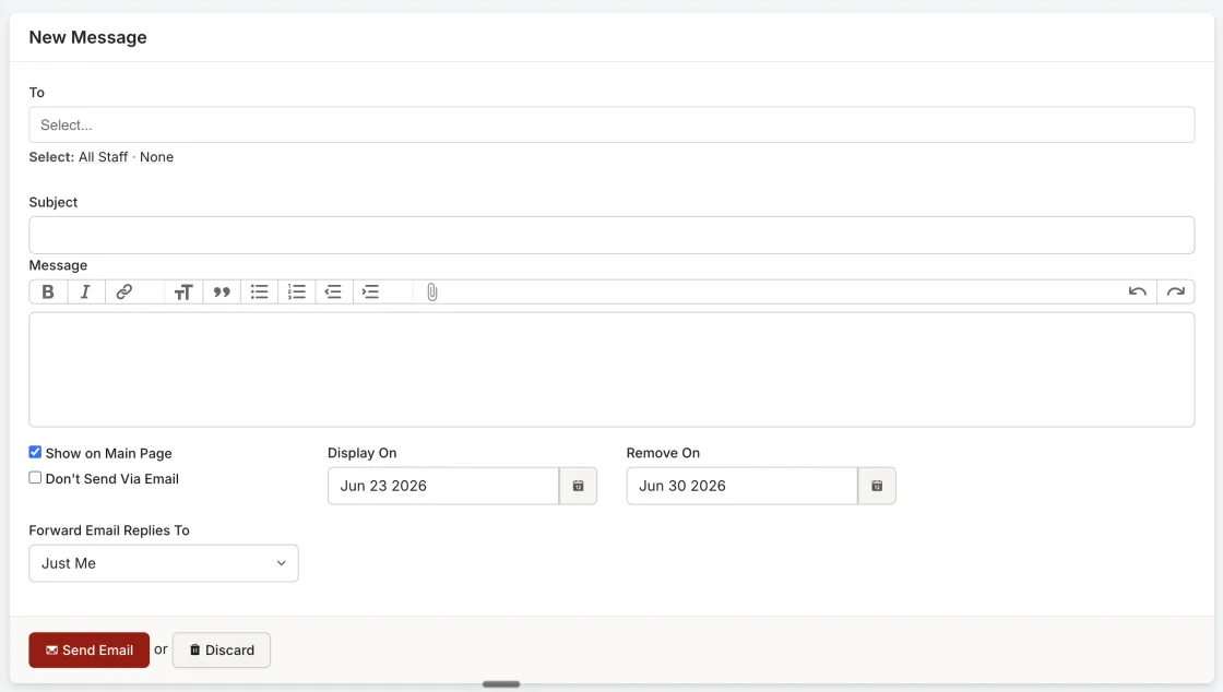 Rescue Hub new message composer with recipient, subject, rich-text body, and scheduling options