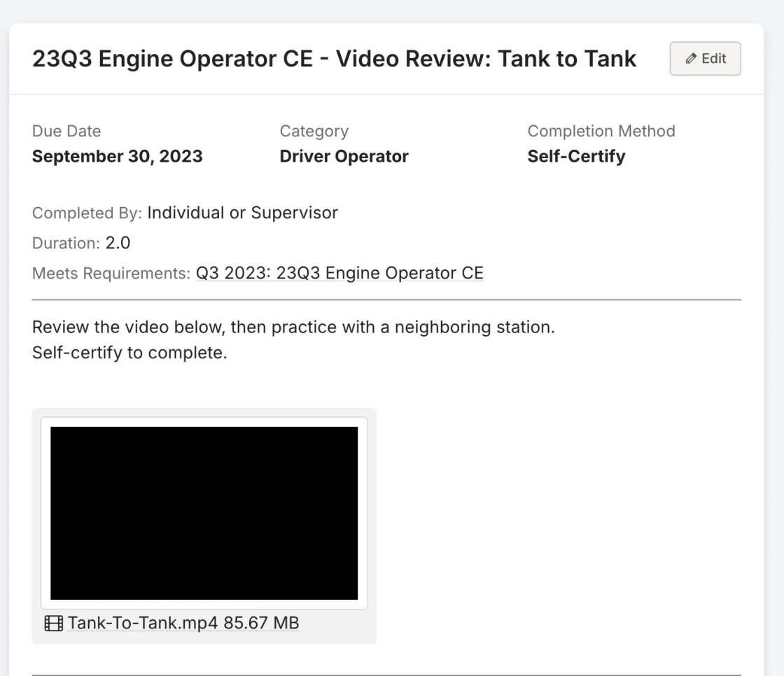 Rescue Hub task with an attached video, linked requirement, and self-certify completion