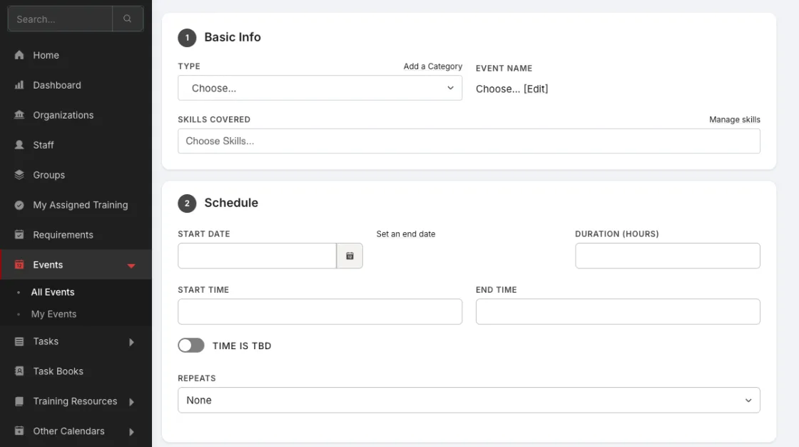 Rescue Hub event creation screen showing basic info and scheduling fields