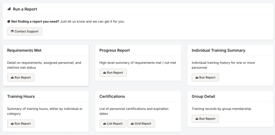Rescue Hub report catalog with one-click reports for requirements, hours, certifications, and progress
