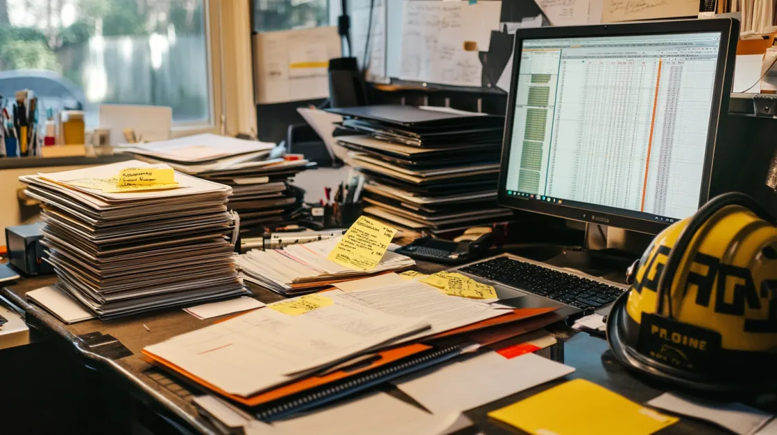 Cluttered desk of paper training records and spreadsheets — the setup pain Rescue Hub removes
