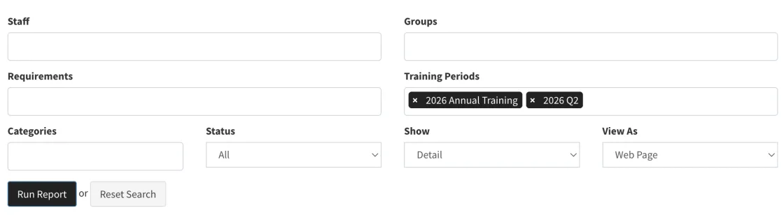 Rescue Hub report filter panel with Staff, Groups, Requirements, Training Periods, Categories, Status, and View As controls