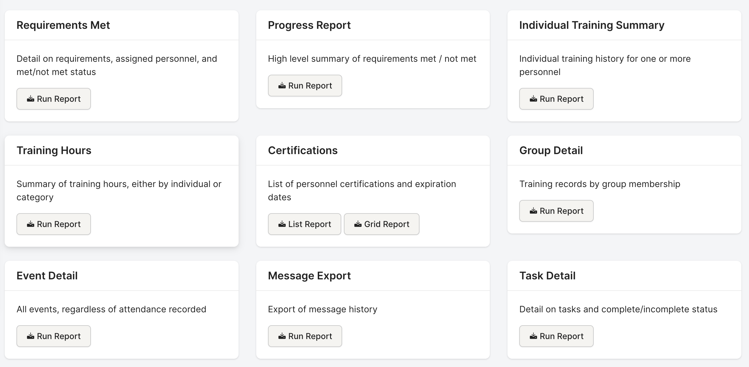 Rescue Hub report options grid including Requirements Met, Training Hours, Certifications, Group Detail, and Task Detail with Run Report actions