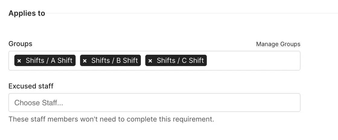 Rescue Hub requirement applied to A, B, and C shift groups, with an excused-staff option
