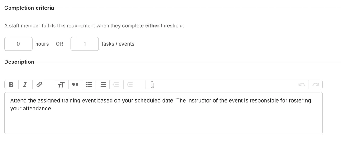 Rescue Hub requirement completion criteria set to a threshold of hours or tasks/events