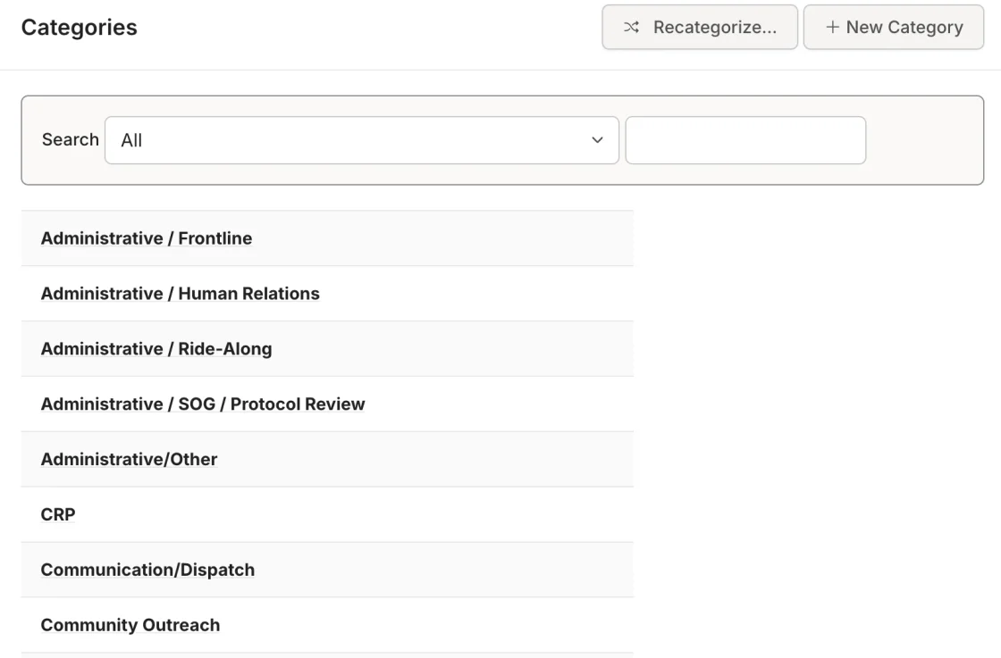Rescue Hub requirement categories organized into a hierarchy with recategorize and new category actions