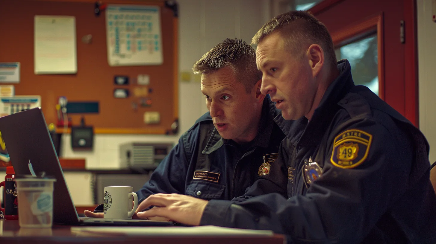 Two firefighters reviewing training together on a laptop at the station