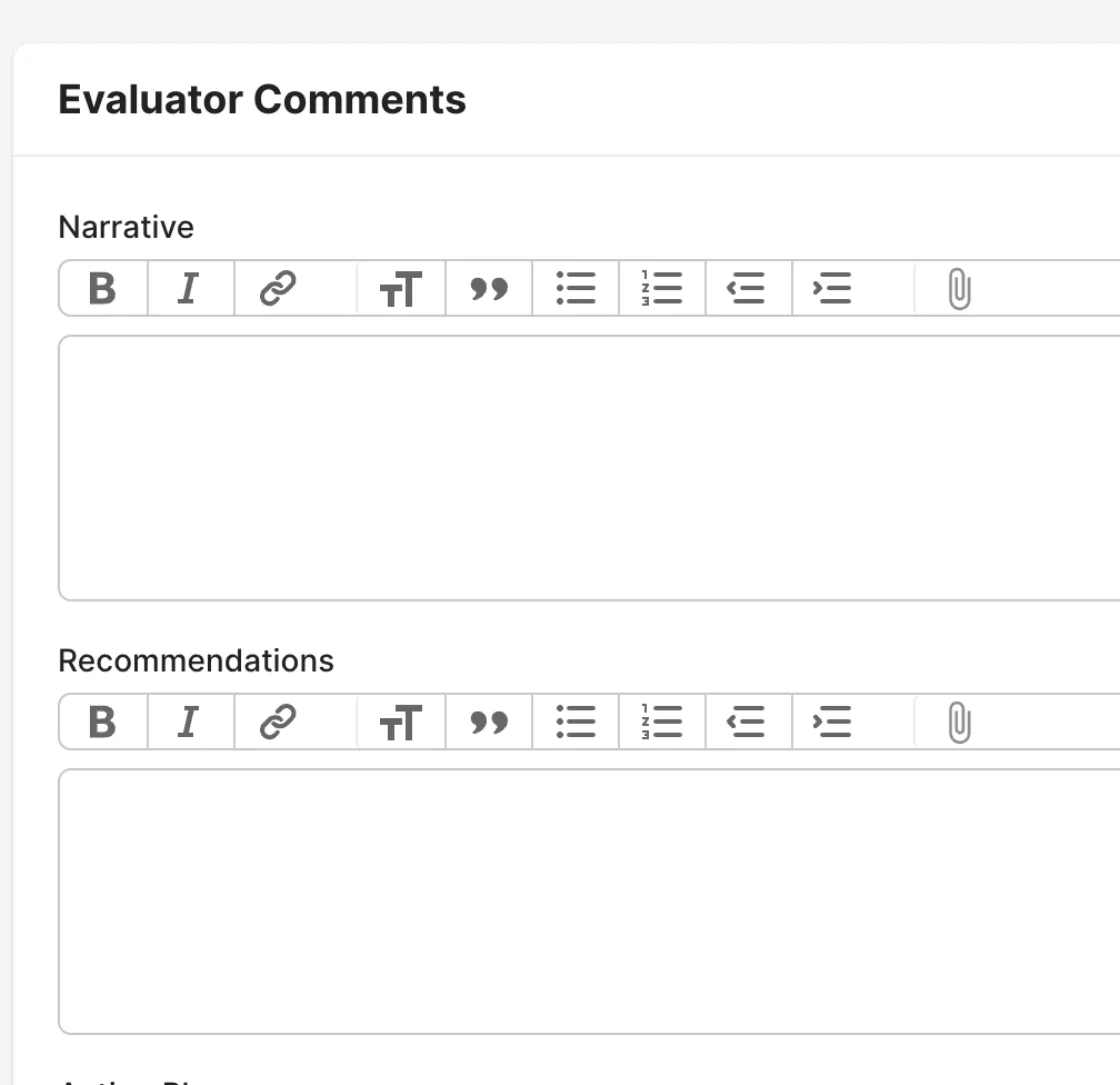 Rescue Hub task book evaluation form with evaluator narrative, recommendations, and action plan fields
