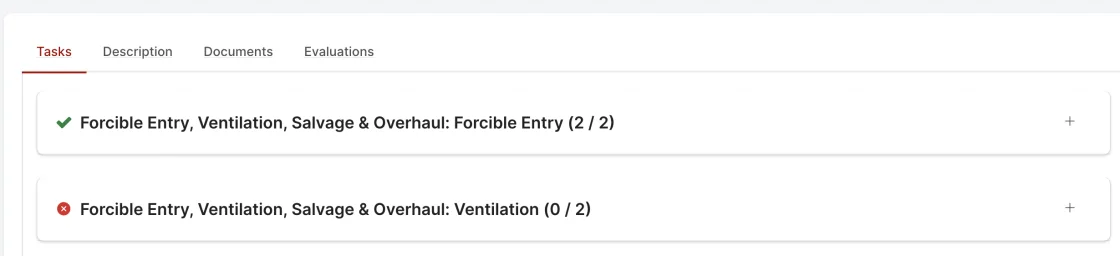 Rescue Hub task book phases showing per-phase completion such as Forcible Entry 2 of 2 done and Ventilation 0 of 2