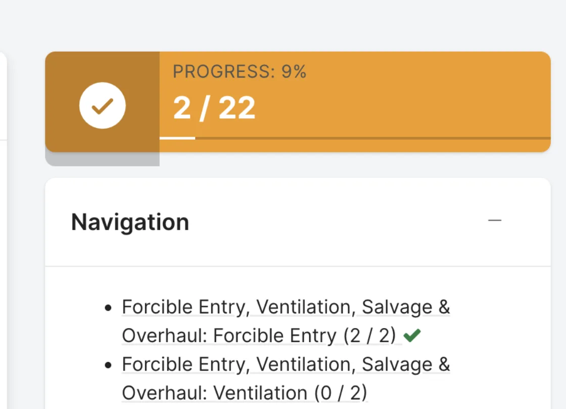 Rescue Hub task book progress bar showing 2 of 22 items complete with per-phase navigation and sign-off checkmarks