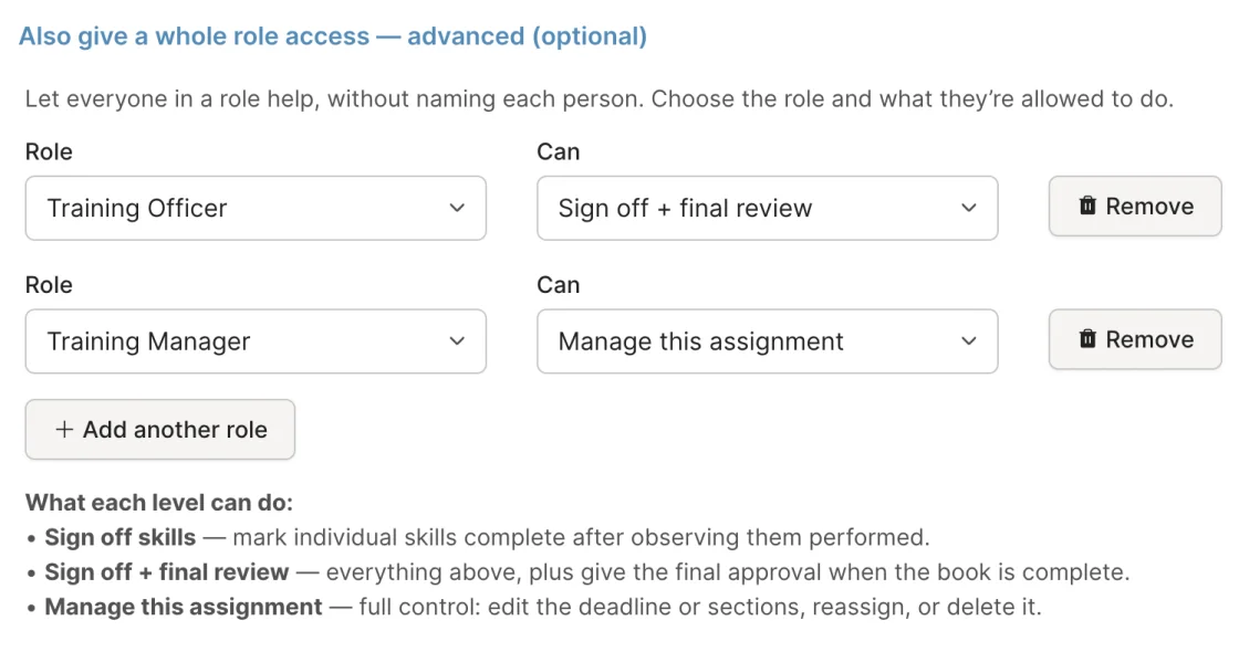 Rescue Hub task book role access settings granting Training Officer sign-off and Training Manager management rights