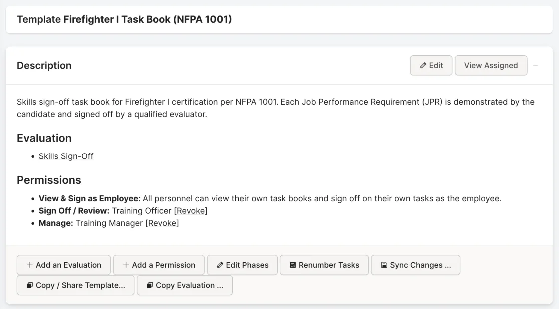 Rescue Hub task book template for Firefighter I (NFPA 1001) with evaluations, permissions, phases, and copy/sync actions
