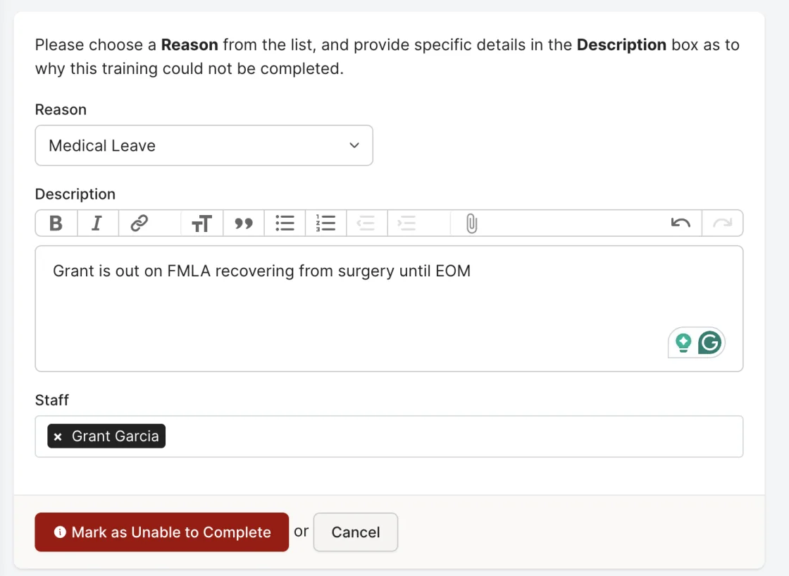 Rescue Hub mark-unable-to-complete dialog with a reason of Medical Leave and a documented description