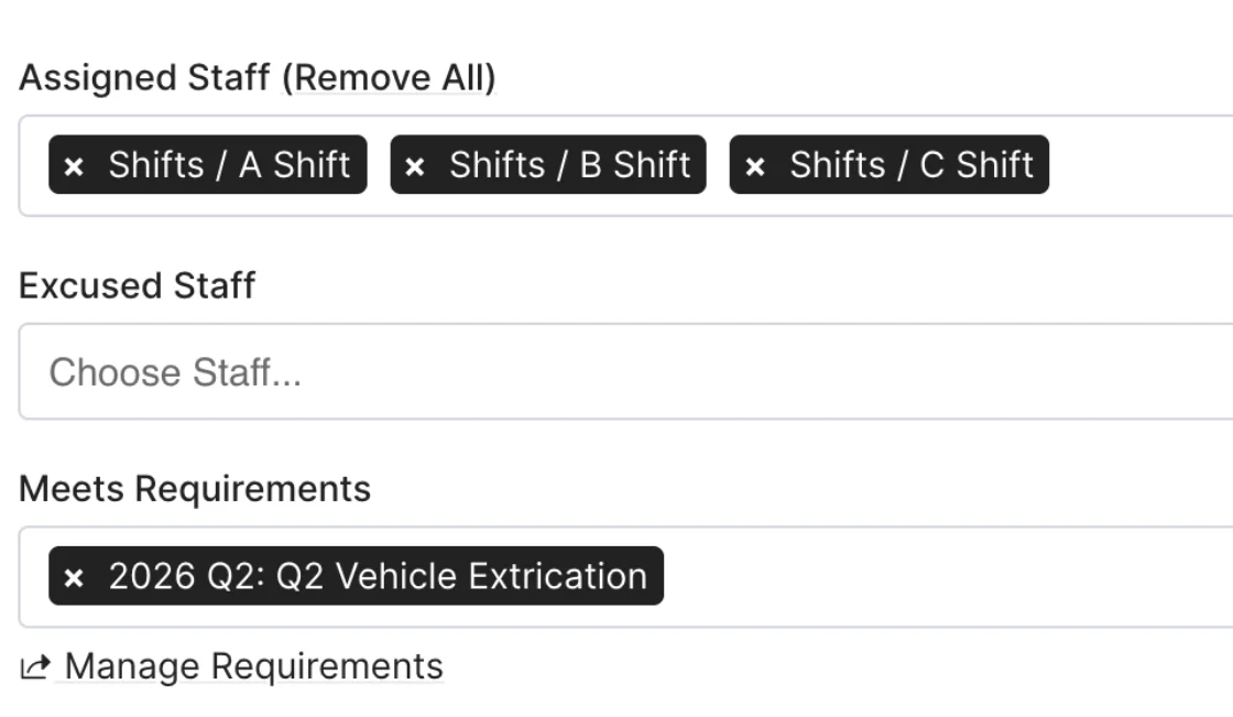 Rescue Hub task assigned to A, B, and C shift groups with a linked requirement