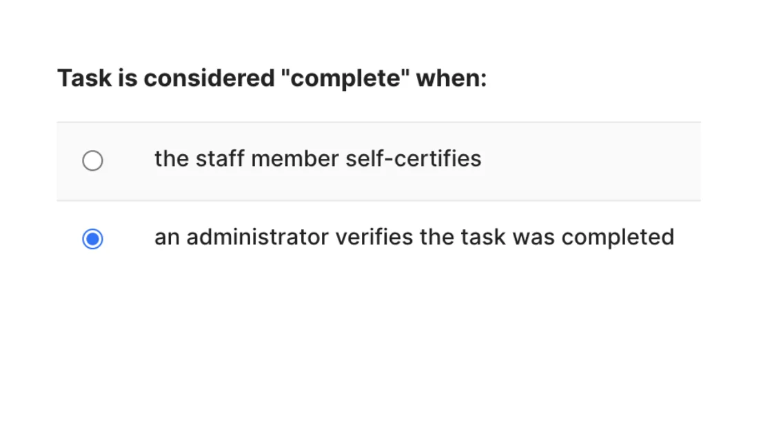 Rescue Hub task completion rule set to require an administrator to verify the task was completed