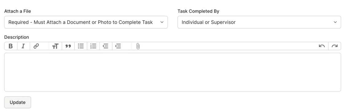 Rescue Hub task set to require a document or photo attachment before it can be completed