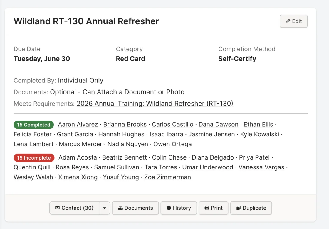 Rescue Hub task detail showing completed and incomplete members at a glance with the due date