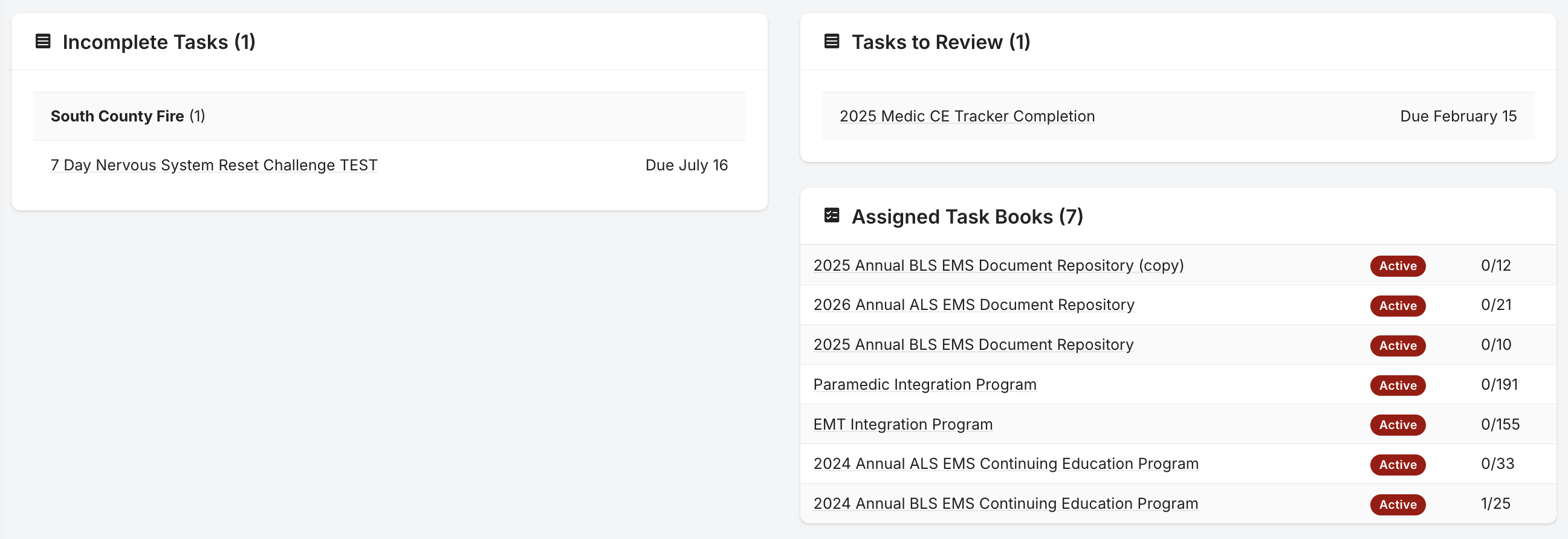 Rescue Hub staff dashboard showing incomplete tasks, tasks to review, and assigned task books with completion progress