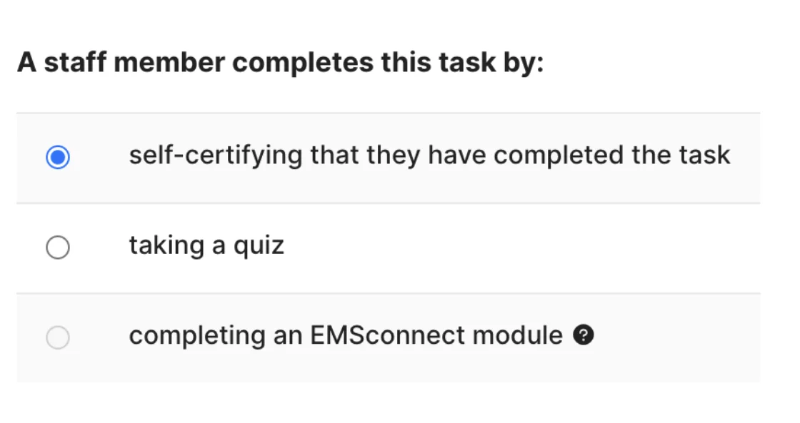 Rescue Hub task completion options: self-certify, take a quiz, or complete an EMSconnect module