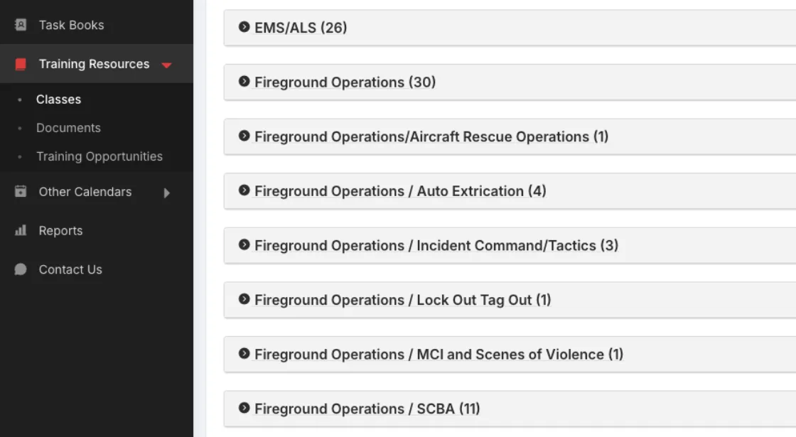 Rescue Hub classes list organized by category such as EMS/ALS and Fireground Operations