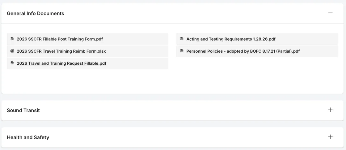Rescue Hub document library with PDFs and forms organized into collapsible sections