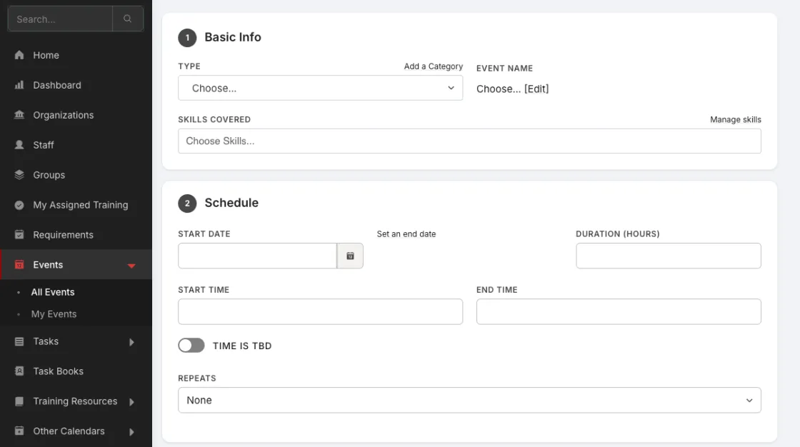 Rescue Hub event creation screen showing basic info and scheduling fields