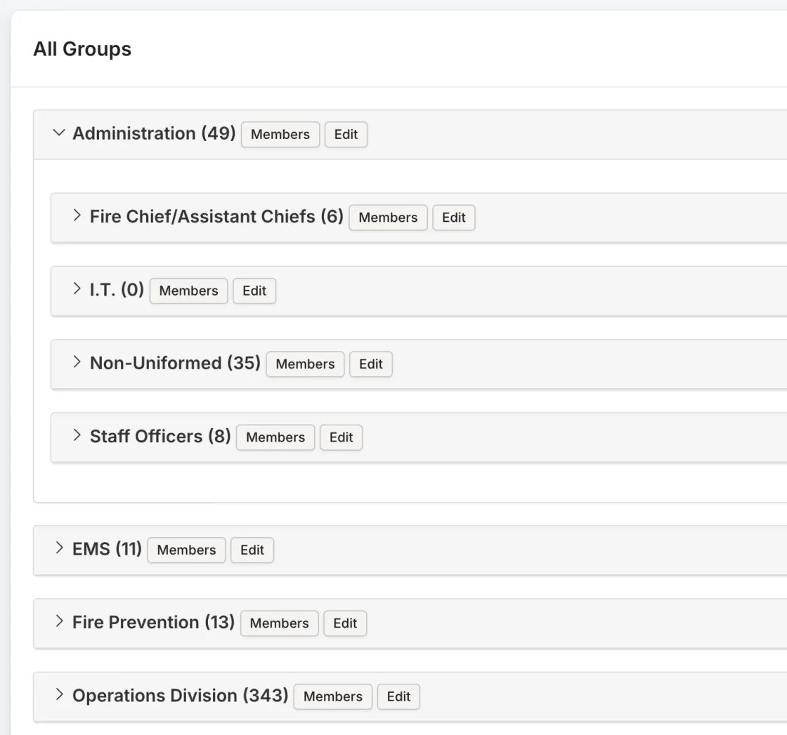 Rescue Hub group management showing nested groups and member counts across the org chart