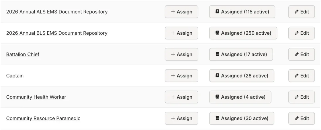 Rescue Hub task book templates with active assignment counts and assign actions