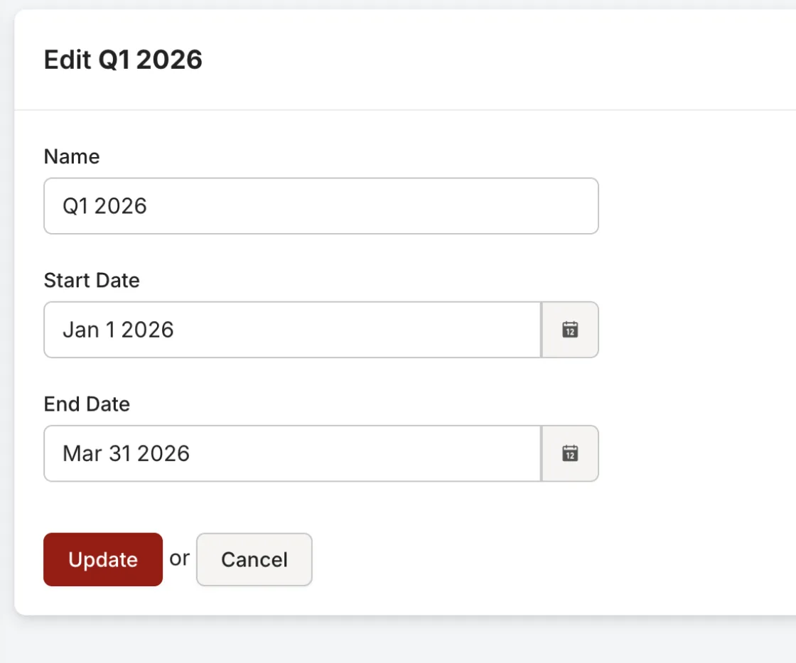 Rescue Hub training period editor showing name, start date, and end date for Q1 2026